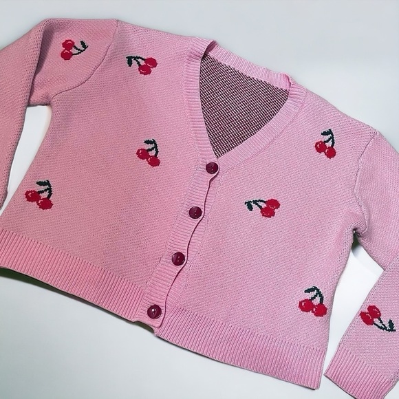 ROMWE Cherry Print Button-Front Long Sleeve Cropped Cardigan Sweater - Picture 4 of 10